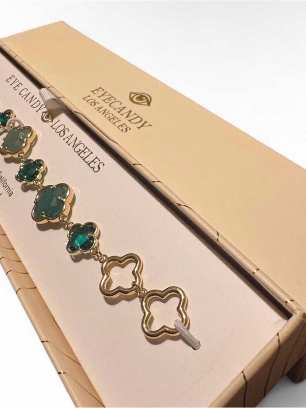 Eye Candy Gold Brass Bracelet with Mint & Emerald Clover Stones - Picture 3 of 9